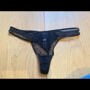 La Perla Black Sheer Thong w/ Floral Appliqué